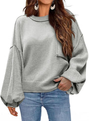 Dokotoo Women's Sweater 2024 Fall Winter Long Sleeve Casual Tops Ribbed Hem Knitwear Lantern Pullover Sweater Medium Gray A T FASHION STORE