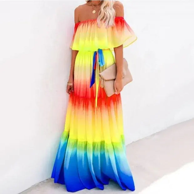 Multicolored Bohemian Ruffled Off Shoulder A T FASHION STORE