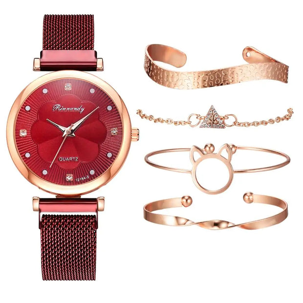 5-Piece Women's Luxury Magnet Buckle Watch Bracelet Set A T FASHION STORE