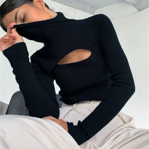 Black T Shirts Knitted Long Sleeve Crop Top A T FASHION STORE