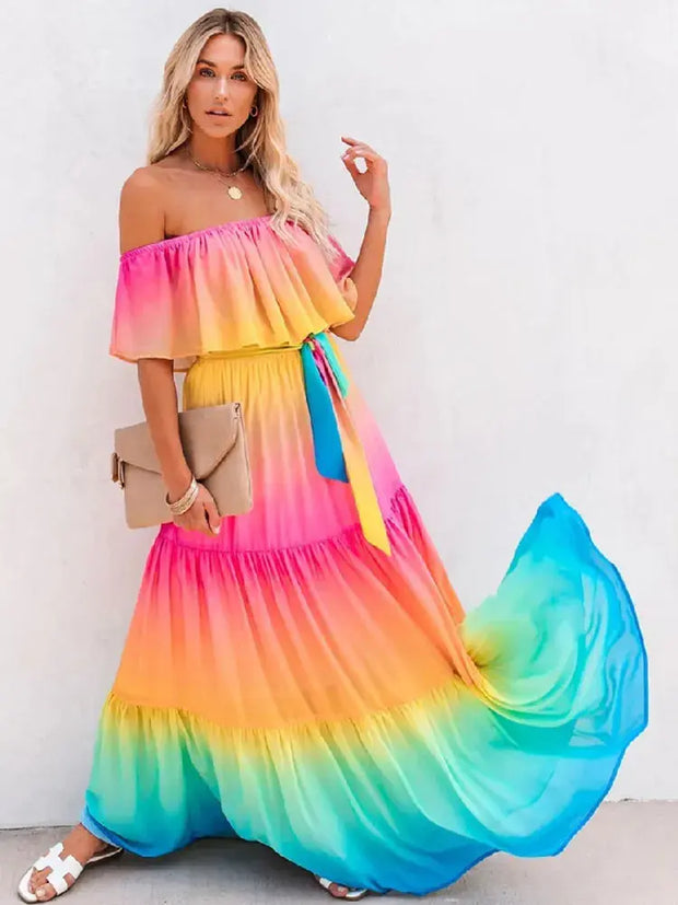 Multicolored Bohemian Ruffled Off Shoulder A T FASHION STORE