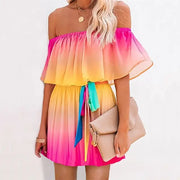 Multicolored Bohemian Ruffled Off Shoulder A T FASHION STORE