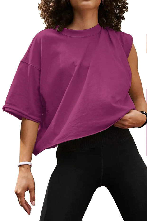 Women's Oversize Workout Crop Tops Casual Short Sleeve Drop Shoulder Boxy T-Shirts Roll Hem Basic Loose Yoga Running Tees Medium Purple Red A T FASHION STORE