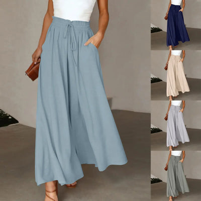 Women's Pants Solid Color Elastic High Waist Wide Leg Trousers A T FASHION STORE