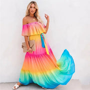 Multicolored Bohemian Ruffled Off Shoulder A T FASHION STORE