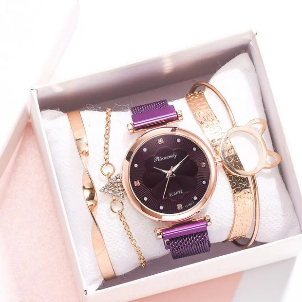 5-Piece Women's Luxury Magnet Buckle Watch Bracelet Set A T FASHION STORE