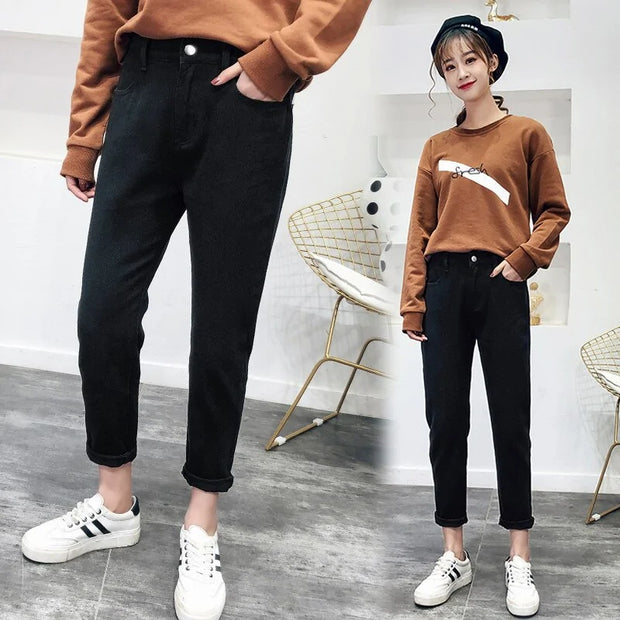 Korean Fashion Elastic Waist Jeans Trousers A T FASHION STORE