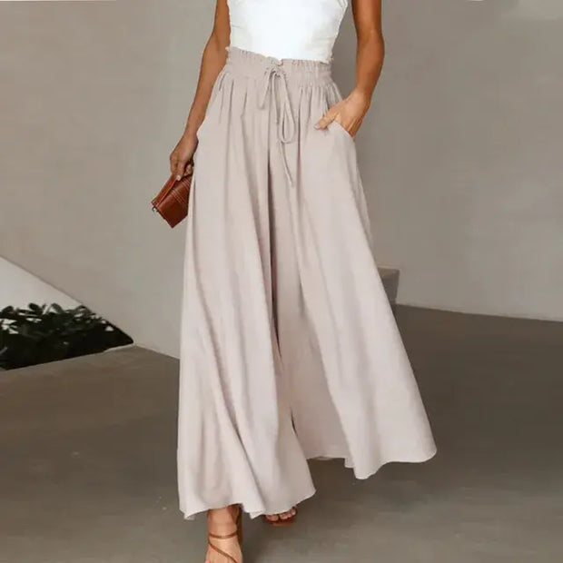 Women's Pants Solid Color Elastic High Waist Wide Leg Trousers A T FASHION STORE