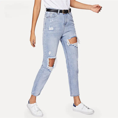 Cut Out Ripped Jeans For Women Blue Denim Trousers A T FASHION STORE