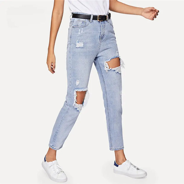 Cut Out Ripped Jeans For Women Blue Denim Trousers A T FASHION STORE