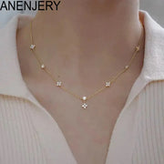 ANENJERY Inlaid Zircon Four-leaf Flower Chain Necklace for Women New Niche Light Luxury Hot Fashion collares choker Accessories A T FASHION STORE