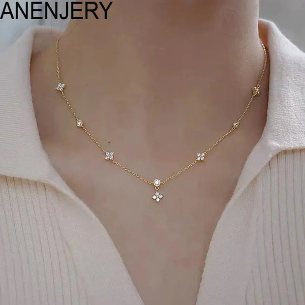 ANENJERY Inlaid Zircon Four-leaf Flower Chain Necklace for Women New Niche Light Luxury Hot Fashion collares choker Accessories A T FASHION STORE