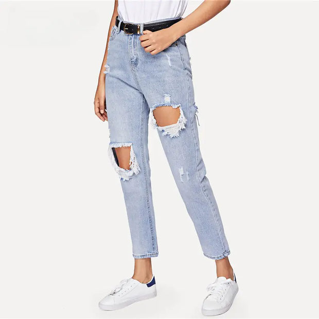 Cut Out Ripped Jeans For Women Blue Denim Trousers A T FASHION STORE