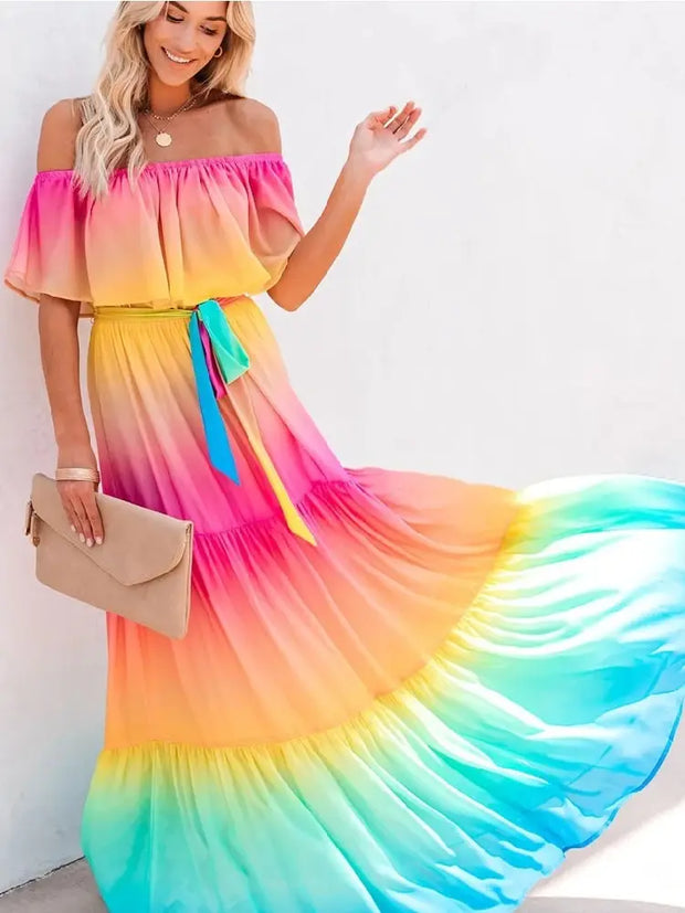 Multicolored Bohemian Ruffled Off Shoulder A T FASHION STORE