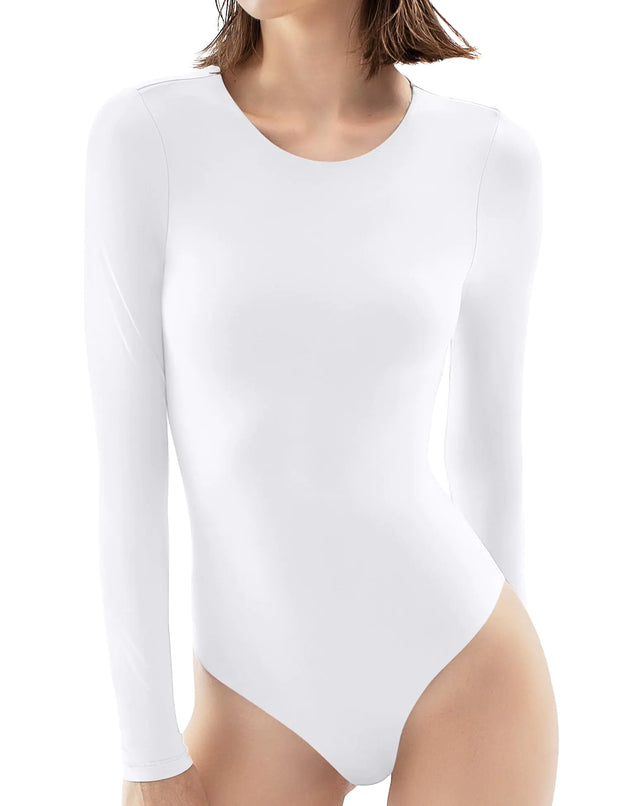 PUMIEY Women's Crew Neck Long Sleeve Bodysuit Second-skin Feel Tops Smoke Cloud Collection 03 Splashed White 3X-Large A T FASHION STORE