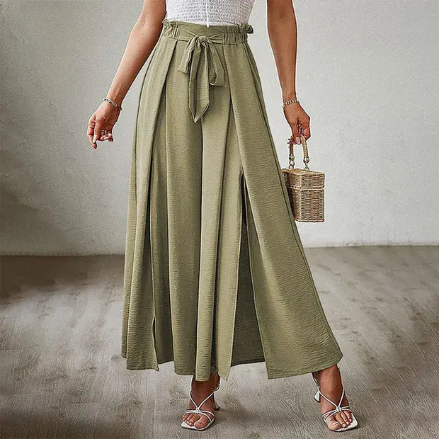 Women's Pants Solid Color Elastic High Waist Wide Leg Trousers A T FASHION STORE