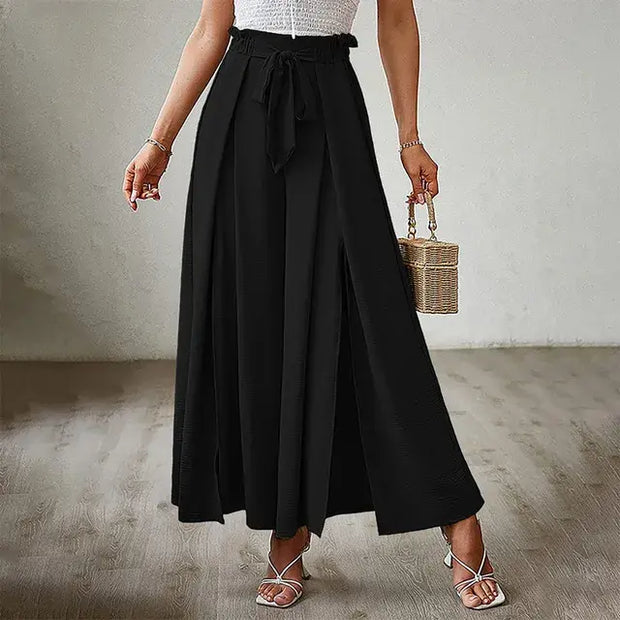 Women's Pants Solid Color Elastic High Waist Wide Leg Trousers A T FASHION STORE